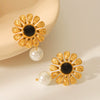 Wholesale Earrings Stainless Steel French Retro Style With Obsidian Hammered Flower And Geometric Design
