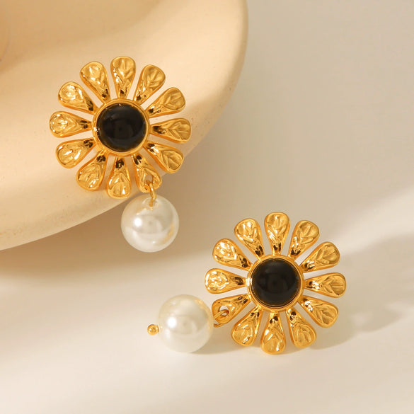 Wholesale Earrings Stainless Steel French Retro Style With Obsidian Hammered Flower And Geometric Design