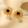 Wholesale Earrings Stainless Steel French Retro Style With Obsidian Hammered Flower And Geometric Design