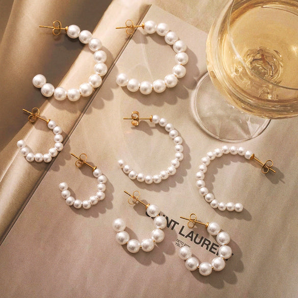 Wholesale Earrings Stainless Steel Geometric Cshaped Imitation Pearl Set With Pearls Vacuum Plated For Women
