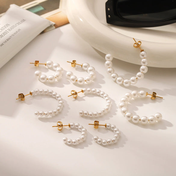 Wholesale Earrings Stainless Steel Geometric Cshaped Imitation Pearl Set With Pearls Vacuum Plated For Women
