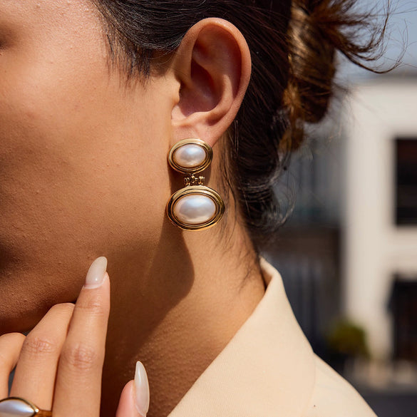 Wholesale Earrings Stainless Steel Geometric Pearl Electroplated Niche Design Light Luxury