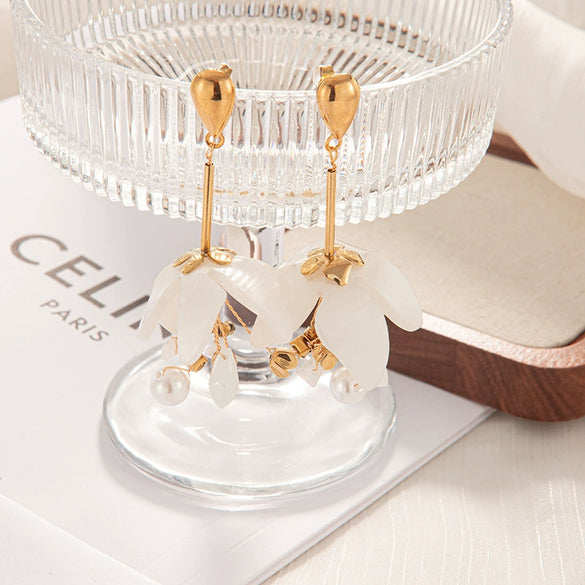 Wholesale Earrings Stainless Steel Geometric Pearl Tassel Retro Style