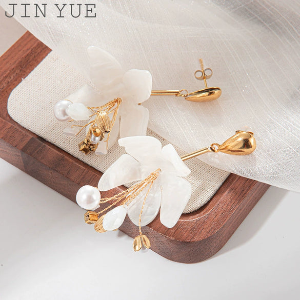 Wholesale Earrings Stainless Steel Geometric Pearl Tassel Retro Style