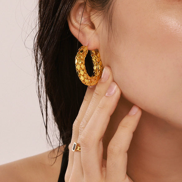 Wholesale Earrings Stainless Steel Geometric Round Hollow With Sequins 18K Gold Plated Stitching Ushaped
