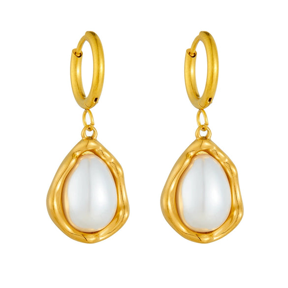 Wholesale Earrings Stainless Steel Gold Plated Retro Fashion Large Pearl Drop