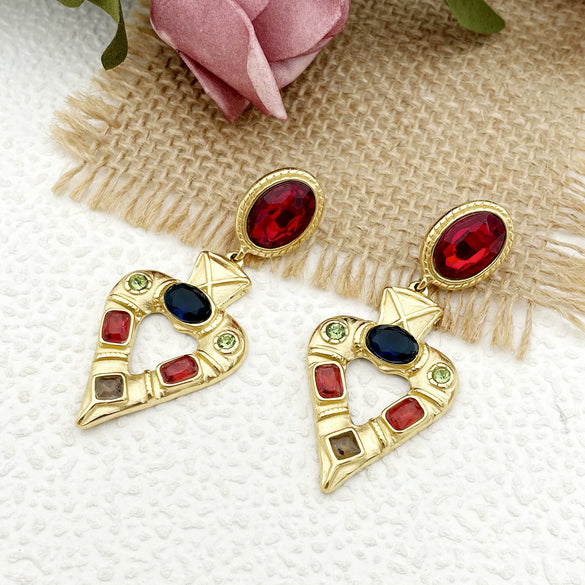 Wholesale Earrings Stainless Steel Heart Shape French Retro Electroplating Multicolor Gem Women's