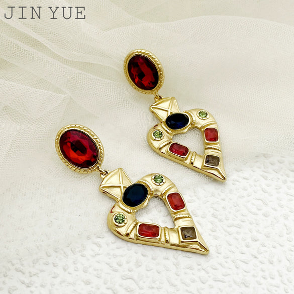 Wholesale Earrings Stainless Steel Heart Shape French Retro Electroplating Multicolor Gem Women's