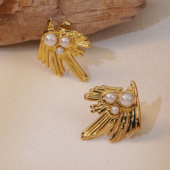 Wholesale Earrings Stainless Steel Imitation Pearl Eagle Bird Feather Niche Style Electroplated For Women