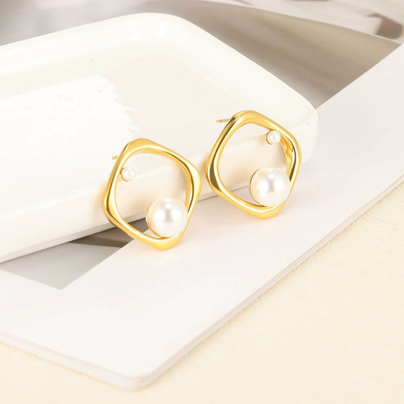 Wholesale Earrings Stainless Steel Imitation Pearl Geometric Rococo Style Electroplated