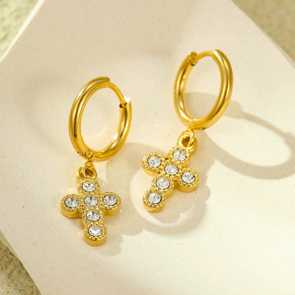 Wholesale Earrings Stainless Steel Inlaid Zircon Cross Pendant 18K Gold Plated Fashion Style For Women