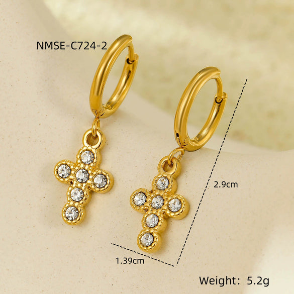 Wholesale Earrings Stainless Steel Inlaid Zircon Cross Pendant 18K Gold Plated Fashion Style For Women