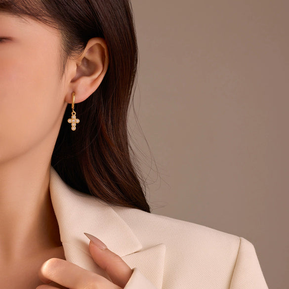 Wholesale Earrings Stainless Steel Inlaid Zircon Cross Pendant 18K Gold Plated Fashion Style For Women