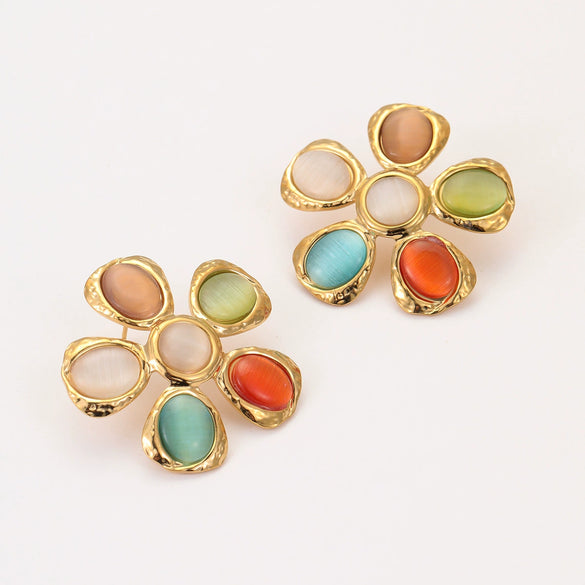 Wholesale Earrings Stainless Steel 18K Gold Electroplated Flower Pattern Hammered Style For Women
