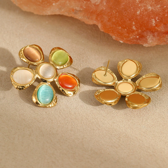 Wholesale Earrings Stainless Steel 18K Gold Electroplated Flower Pattern Hammered Style For Women
