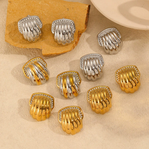 Wholesale Earrings Stainless Steel 18K Gold Geometric Pattern Diamond Inlay Women's