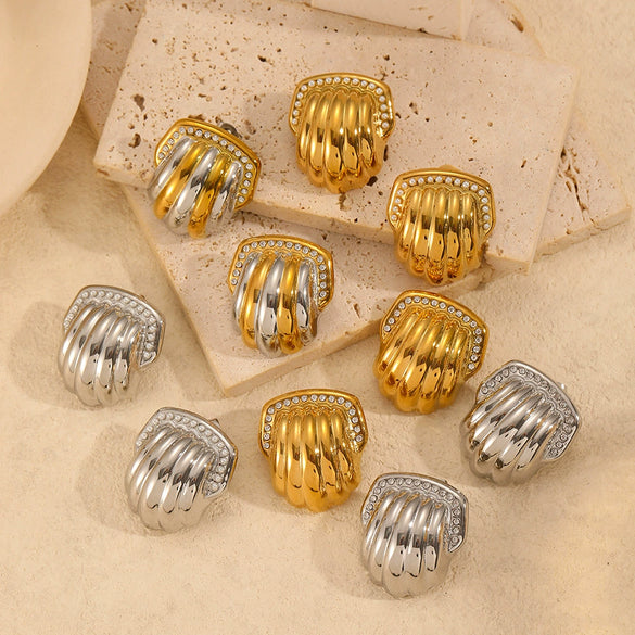 Wholesale Earrings Stainless Steel 18K Gold Geometric Pattern Diamond Inlay Women's