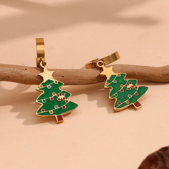 Wholesale Earrings Stainless Steel 18K Gold Plated Cartoon Christmas Tree Design