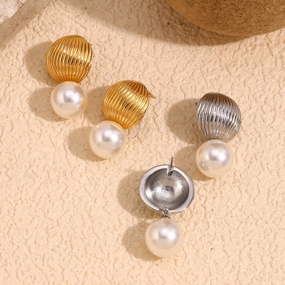 Wholesale Earrings Stainless Steel 18K Gold Plated Geometric French Hot Air Balloon Imitation Pearl Pendant For Women