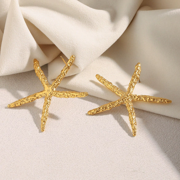 Wholesale Earrings Stainless Steel 18K Gold Plated Hammered Starfish Animal Style