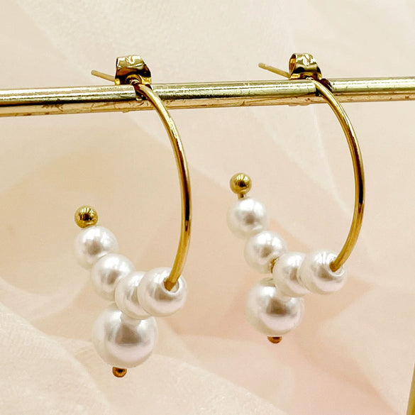 Wholesale Earrings Stainless Steel 14K Gold Plated Pearl Geometric C Shaped