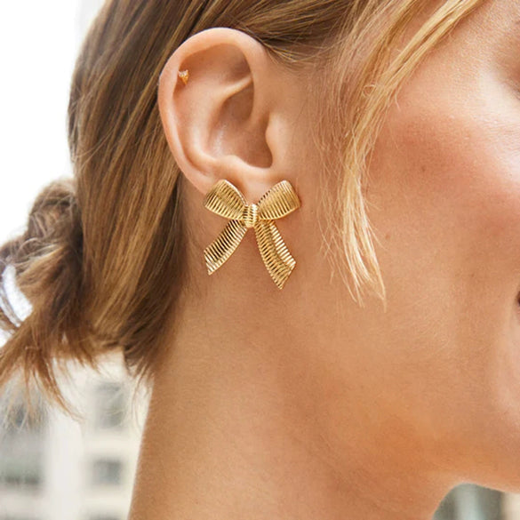 Wholesale Earrings Stainless Steel 18K Gold Plated Striped Bow Style Jewelry For Women