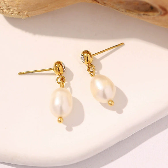 Wholesale Earrings Stainless Steel Natural Freshwater Pearl Diamond Geometric Electroplating For Women