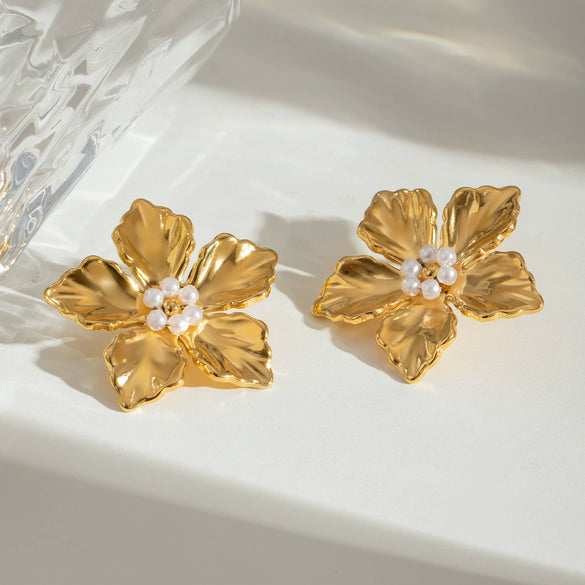 Wholesale Earrings Stainless Steel Pearl Flower Geometric Style Electroplating