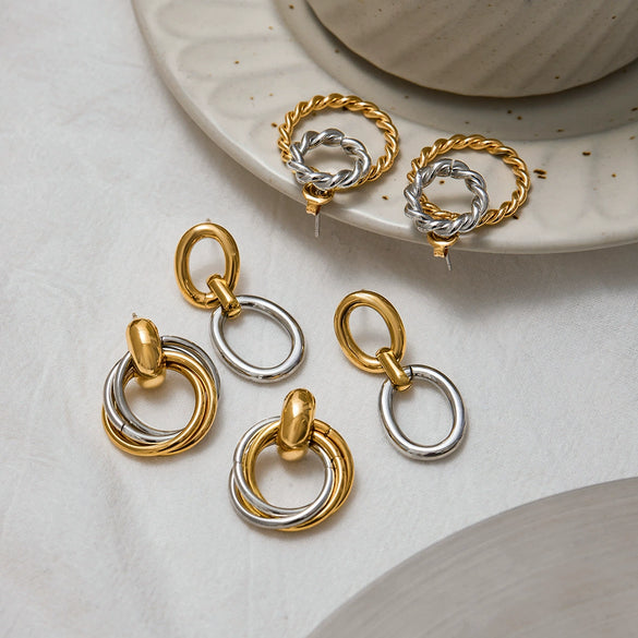 Wholesale Earrings Stainless Steel Retro Geometric Style Electroplating Gold And Silver Color Matching Fourring Wrapped Round Cut Out Movable