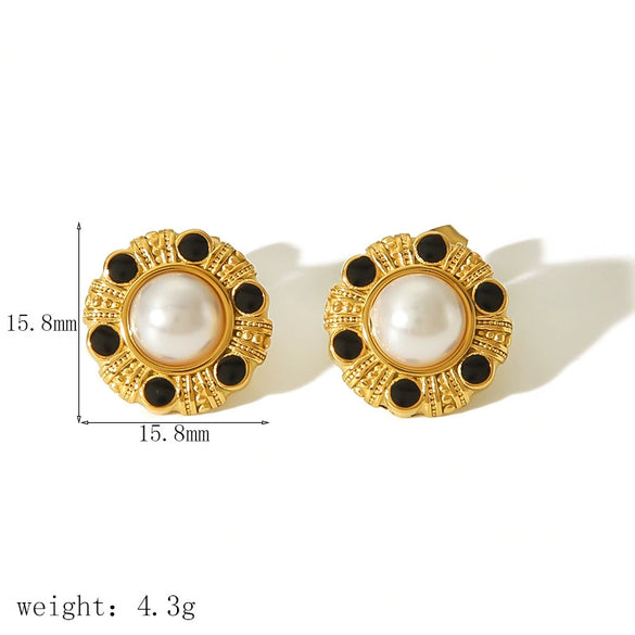 Wholesale Earrings Stainless Steel Retro Round Pearl Inlaid With White Stone Geometric Ushape Electroplated For Women