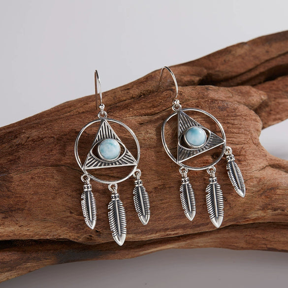 Wholesale Earrings 925 Sterling Silver Inlaid Natural Sea Grain Stone Dropshaped Hollow Tassel Light Luxury Style