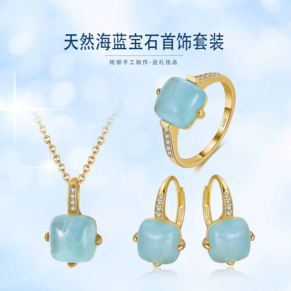Wholesale Earrings 925 Sterling Silver Natural Aquamarine 14K Gold Heart Shaped Geometric Electroplated Jewelry For Women