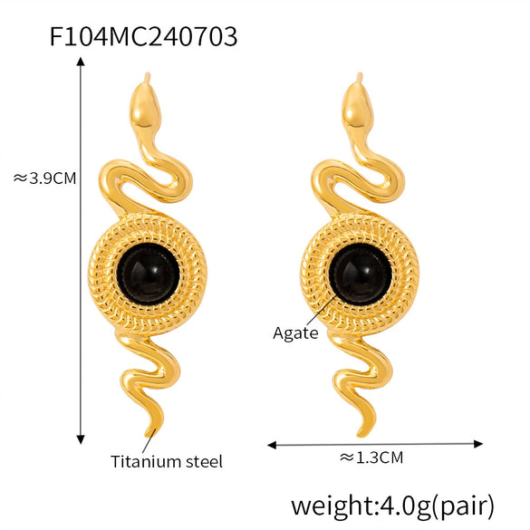 Wholesale Earrings 316L Stainless Steel Agate Natural Stone Geometric Snake Shape Electroplating Design