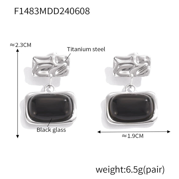 Wholesale Earrings 316L Stainless Steel Black Glass Inlaid Geometric British Retro Style Gold Plated