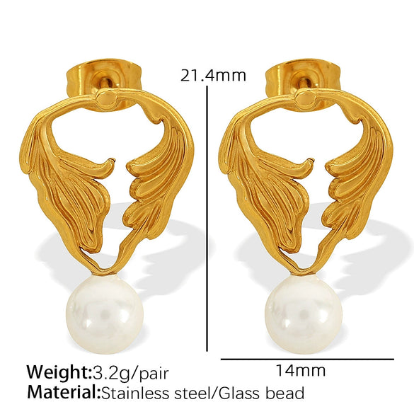 Wholesale Earrings 316L Stainless Steel Geometric Ripple Imitation Pearl C Shape Electroplating Design For Women