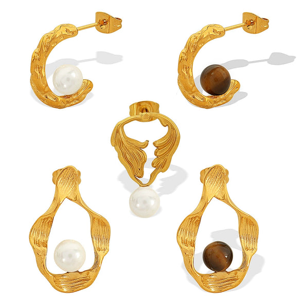 Wholesale Earrings 316L Stainless Steel Geometric Ripple Imitation Pearl C Shape Electroplating Design For Women