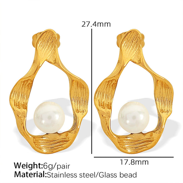 Wholesale Earrings 316L Stainless Steel Geometric Ripple Imitation Pearl C Shape Electroplating Design For Women