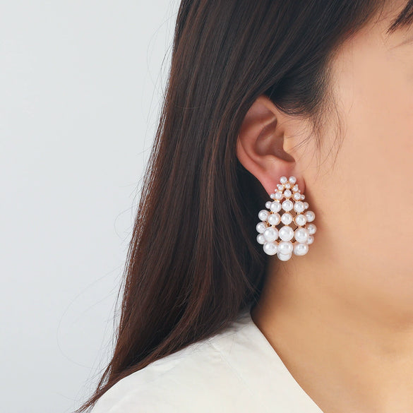 Wholesale Earrings Zinc Alloy Geometric Style Set With Diamonds Retro Light Luxury Imitation Pearl Hollow Design Women's