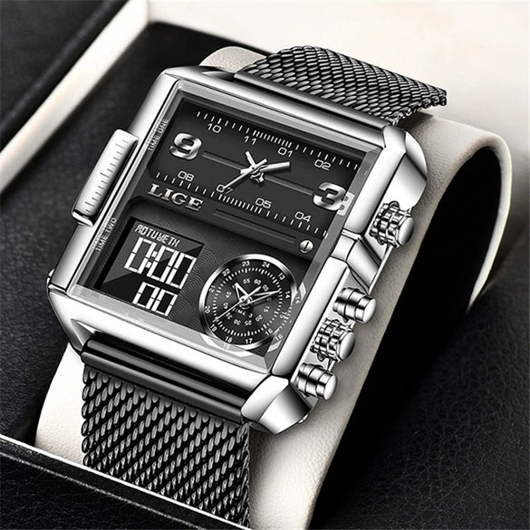 Wholesale Electronic Quartz Watch Square Alloy Case Stainless Steel Mesh Belt Sporty Style For Men
