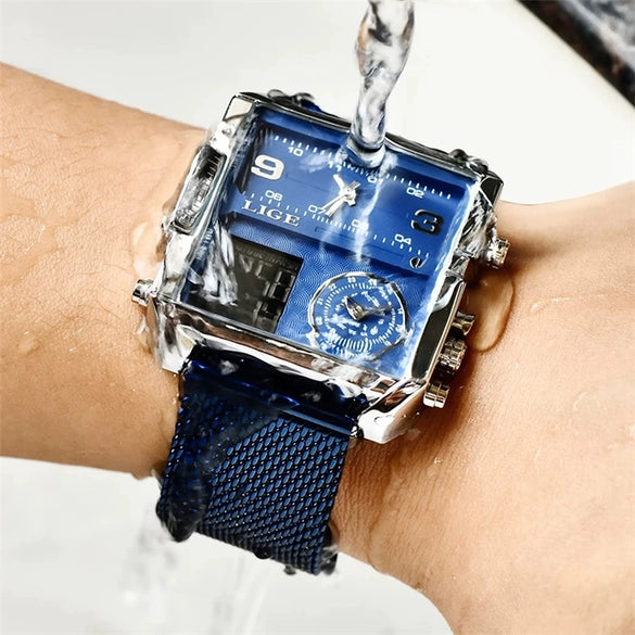 Wholesale Electronic Quartz Watch Square Alloy Case Stainless Steel Mesh Belt Sporty Style For Men