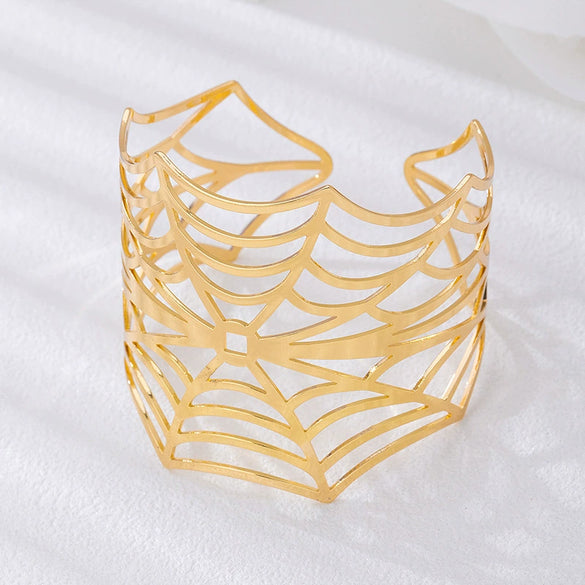 Wholesale Electroplated Alloy Spider Web Wide Hollow Exaggerated Geometric Open Design Bracelet Jewelry Accessory