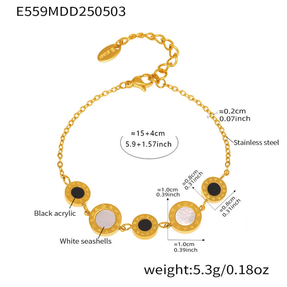 Wholesale Electroplated Geometric Roman Numerals Singlesided Black And White Shell Pendant Necklace And Bracelet Jewelry Set For Women Made Of Stainless Steel