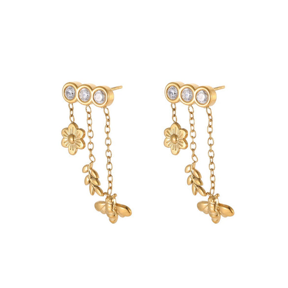 Wholesale Electroplated Geometric Stainless Steel And 18K Gold Dynamic Bee Flower Tassel Earrings For Women