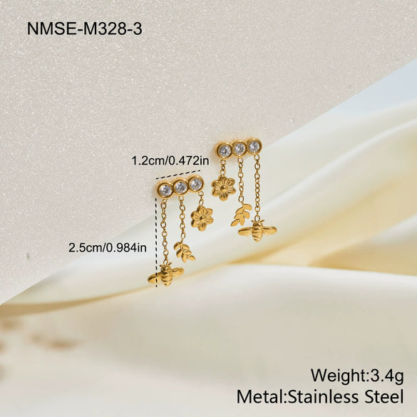 Wholesale Electroplated Geometric Stainless Steel And 18K Gold Dynamic Bee Flower Tassel Earrings For Women