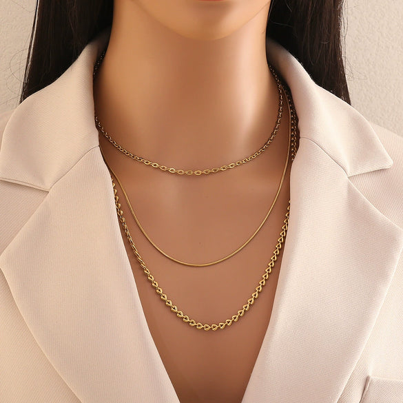 Wholesale Electroplated Geometric Stainless Steel And Titanium Steel 3Layer Clavicle Snake Bone Chain Unisex Necklace For Women