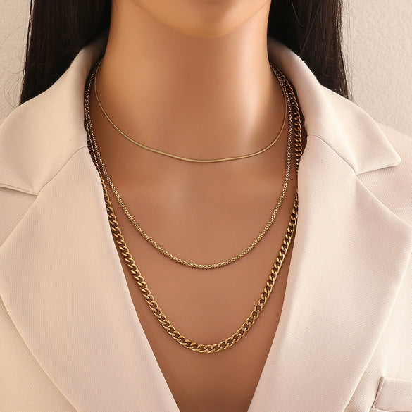 Wholesale Electroplated Geometric Stainless Steel And Titanium Steel 3Layer Clavicle Snake Bone Chain Unisex Necklace For Women