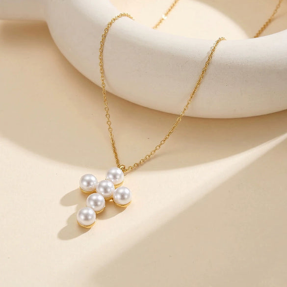 Wholesale Electroplated Geometric Stainless Steel Cross Pendant Necklace With Imitation Pearls For Women