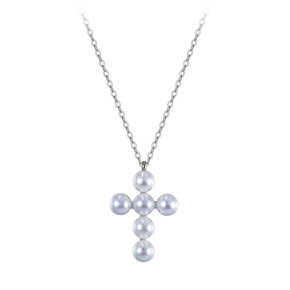 Wholesale Electroplated Geometric Stainless Steel Cross Pendant Necklace With Imitation Pearls For Women