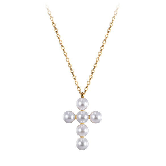 Wholesale Electroplated Geometric Stainless Steel Cross Pendant Necklace With Imitation Pearls For Women