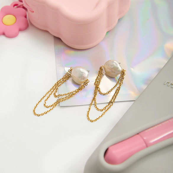 Wholesale Electroplated Geometric Stainless Steel Tassel Pearl Earrings For Women Light Luxury Minimalist Design